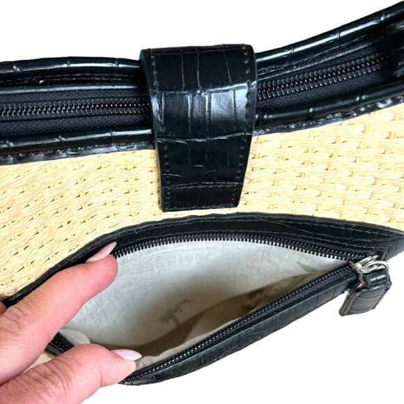 Raffa Straw & Black Crocodile Animal Print Vegan Leather Handbag Silver Hearts - Picture 2 of 13